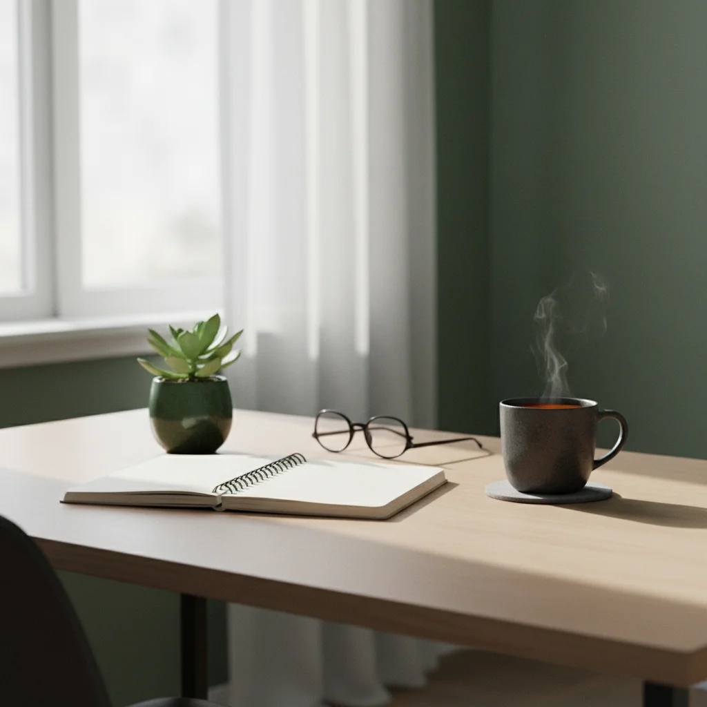 Lyst ryddeligt arbejdsrum med en notesbog, en plante og en kop te på et skrivebord