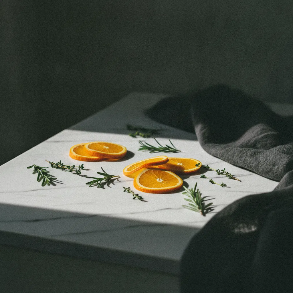 Friske citrusfrugter og grønne blade arrangeret på en sten overflade - kilde til C-vitamin