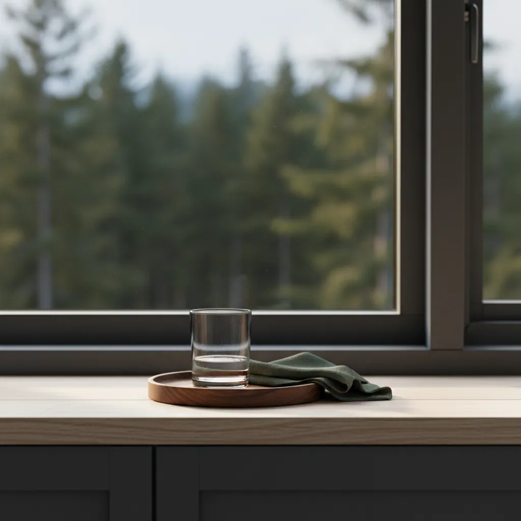 Et glas vand og en morgenrutine på et lyst køkkenbord med solskin - symbol på daglig brug